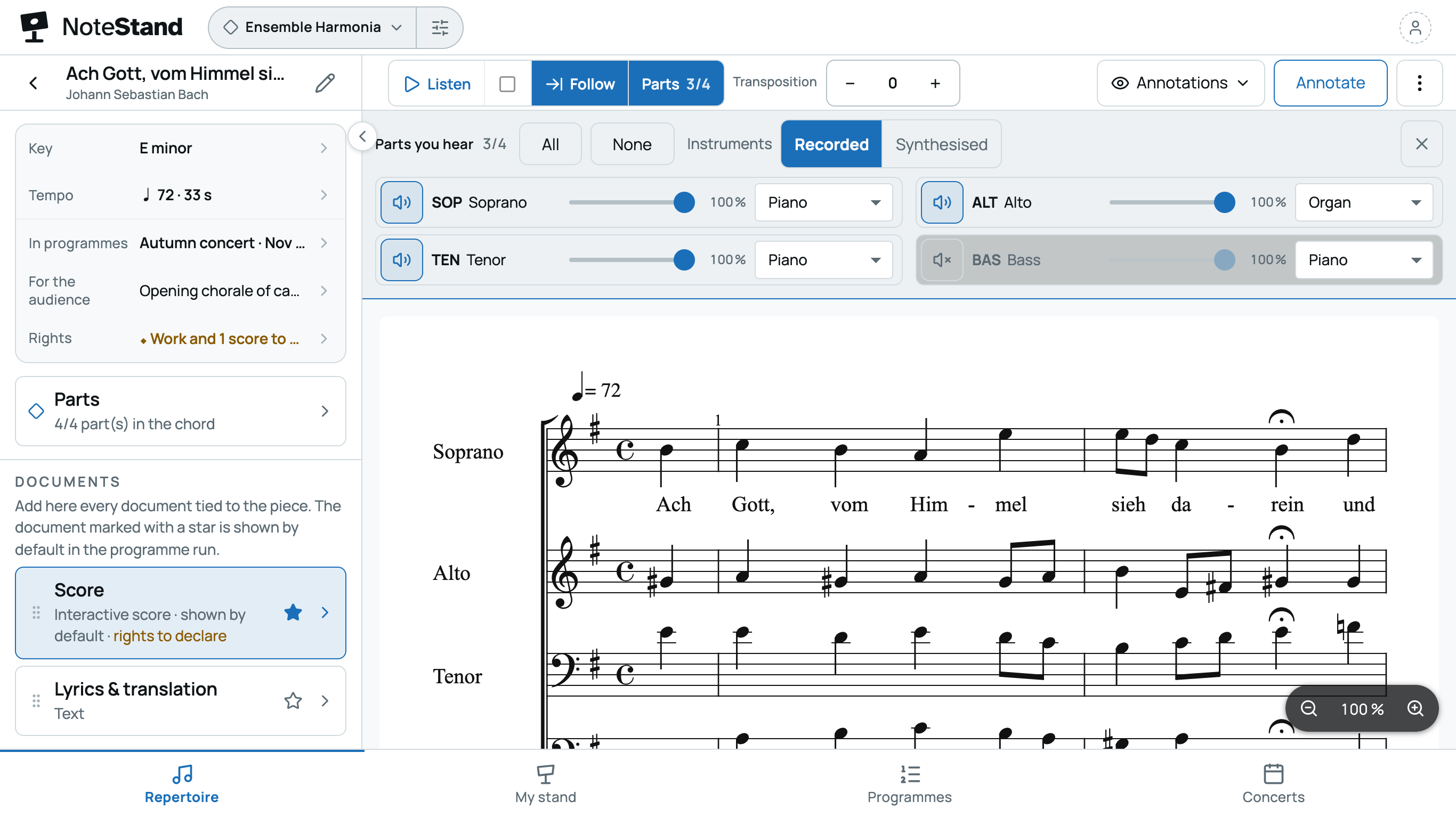 Parts console on a Bach chorale: bass muted, alto played on organ