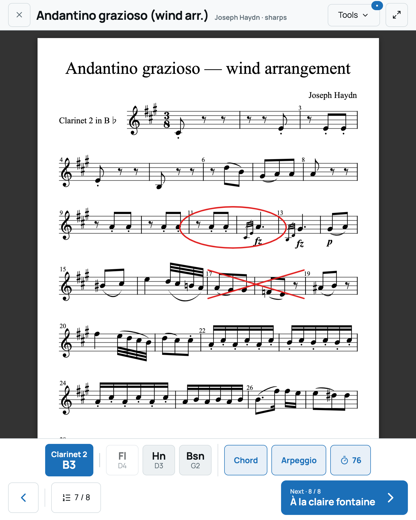 2nd clarinet in B♭ part (PDF), opened by itself for its section, with the conductor’s marks (passage circled, cut crossed out); next page by pedal