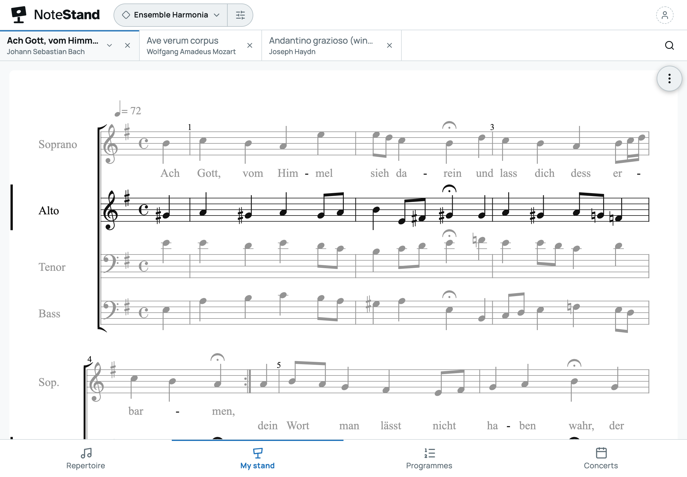 My stand: three pieces open as tabs, the Bach chorale shown with the alto staves highlighted