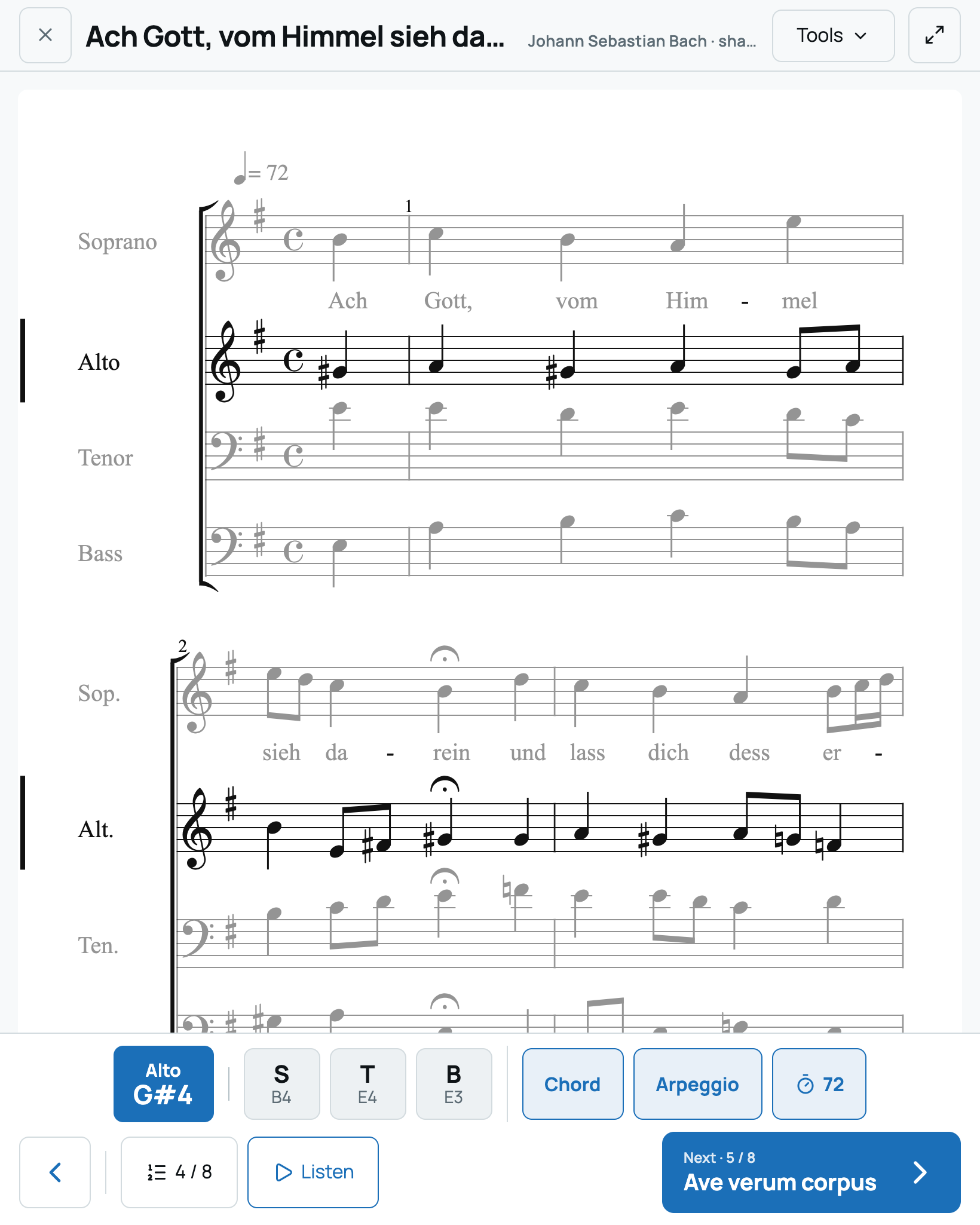 Four-part score in set-list mode: the alto’s staves highlighted, its starting note first