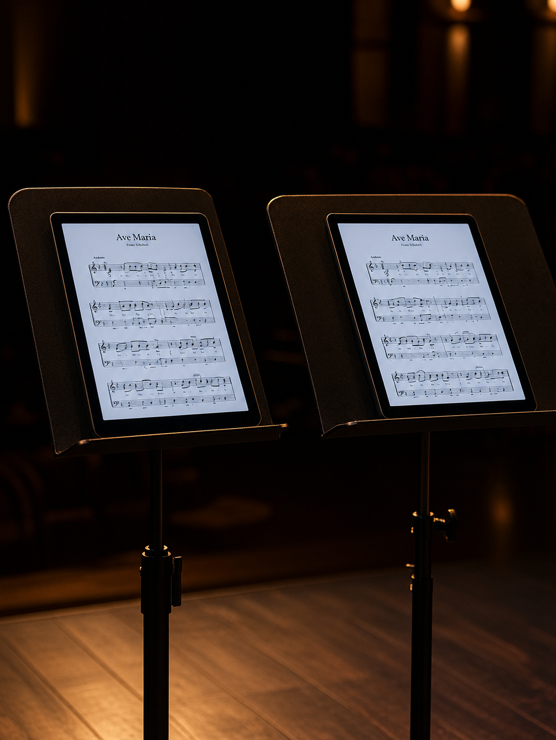 Two digital music stands side by side showing the same score, in sync