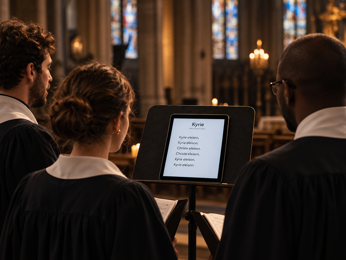 A tablet on a music stand, several singers around it