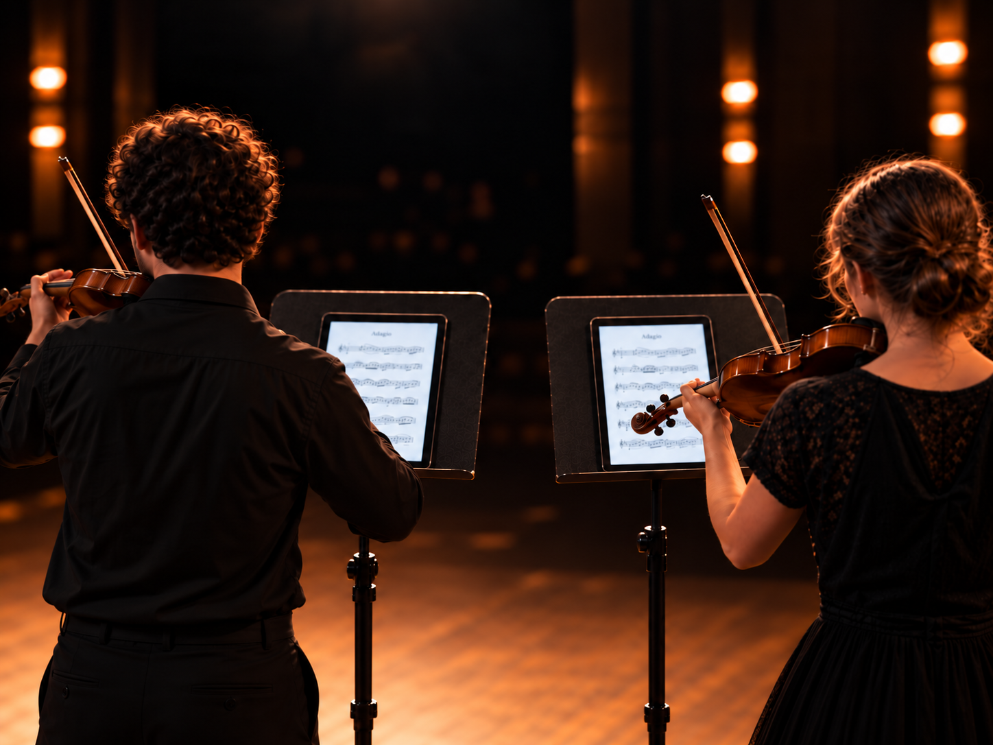 Two or three stands, each with its own tablet, same piece on screen